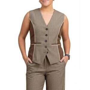 NEW STRUT & BOLT button-down piping vest in dark taupe/coc0a contrast